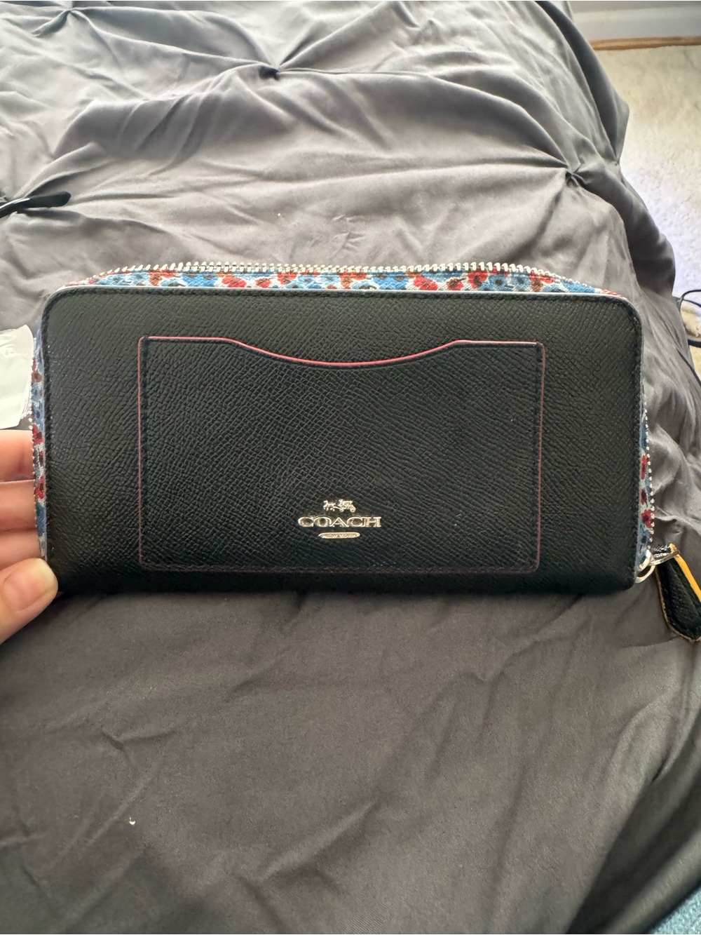 Coach Black Wallet with Blue and Red Floral Trim